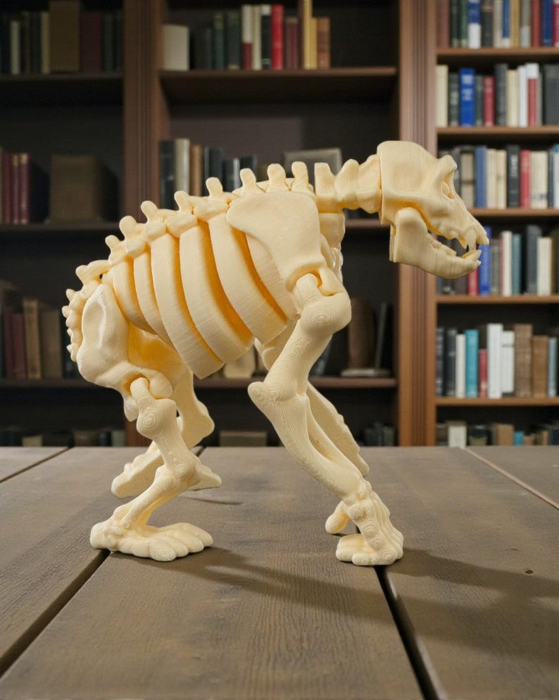 May include: A cream-colored, 3D-printed canine skeleton model. The model is posed in a standing position, showcasing the detailed structure of the rib cage, spine, and skull. The model is displayed on a wooden surface.