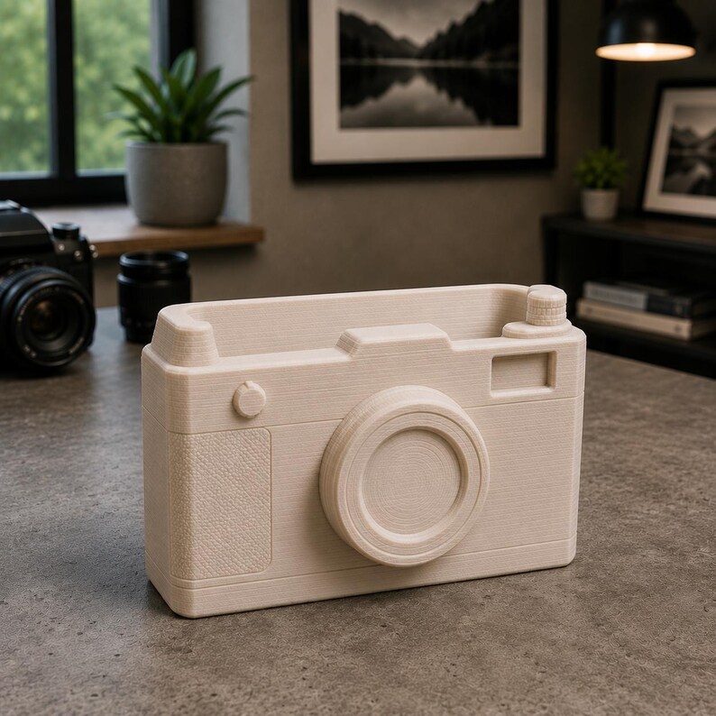 May include: A beige camera-shaped desk tidy. The rectangular organiser has a lens, viewfinder, and other details that mimic a vintage camera. It is made of a textured material and sits on a grey surface.