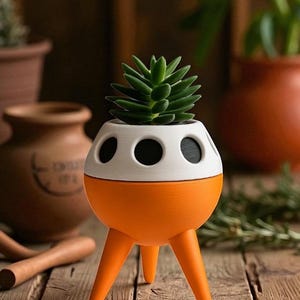 May include: A unique, orange and white rocket-shaped planter with three legs, holding a green succulent plant. The planter has three black circular openings on the white upper section. The planter sits on a wooden surface.