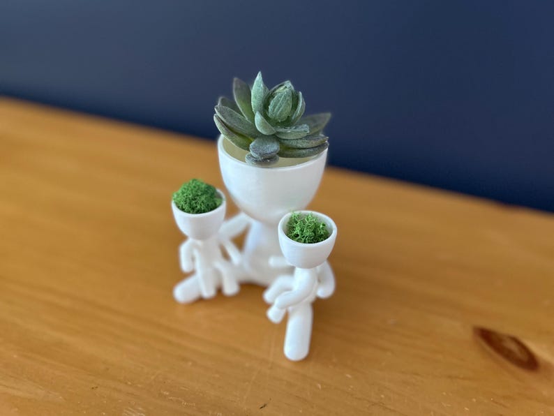 May include: A white ceramic planter shaped like a figure, holding two smaller planters. The main planter holds a succulent, while the smaller ones contain green moss. The figure is on a wooden surface with a dark blue background.
