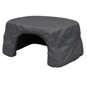 May include: A gray, rock-like structure with a rounded top and an arched opening. The surface has a textured, rough appearance. The object is designed to resemble a natural stone formation.