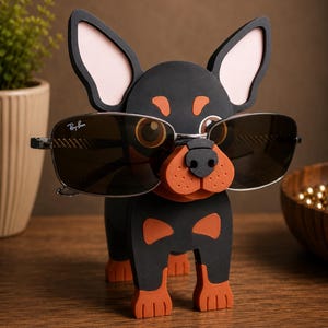 May include: A black and orange dog-shaped eyeglass holder with sunglasses. The holder has large ears with pink inner ears, and the sunglasses are held in place by the dog's nose. The sunglasses are Ray-Ban brand.