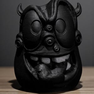 May include: A black, stylized sculpture of a monster with large eyes, horns, and a wide grin revealing white teeth. The sculpture has a textured surface and is set against a neutral background.