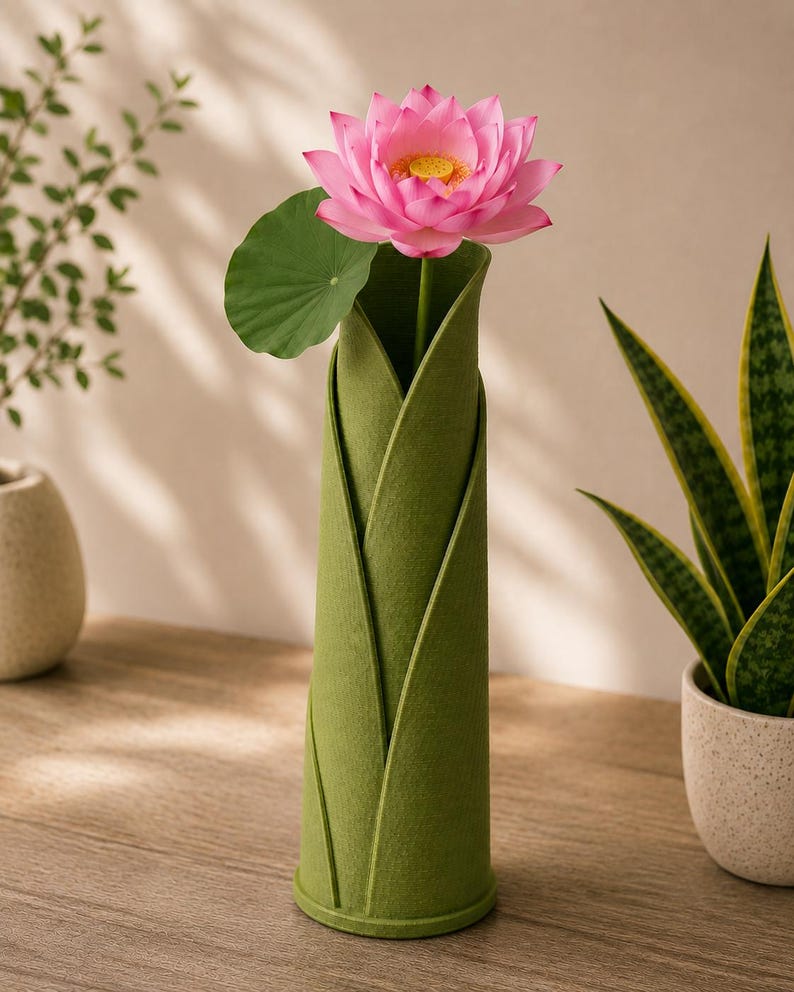 May include: A green felt vase shaped like leaves, holding a pink lotus flower with a green leaf. The vase is on a wooden surface, with plants in the background.