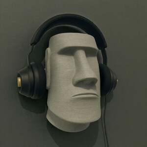May include: A gray Moai statue wearing black headphones with gold accents. The statue has a textured surface and is set against a dark gray background. The headphones have a cord.