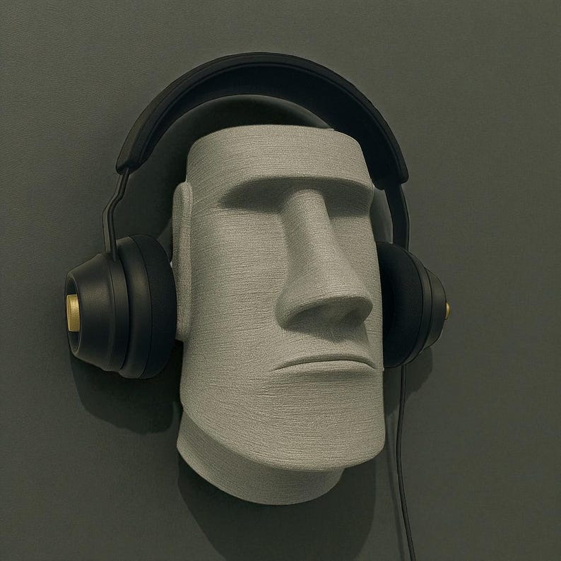 May include: A gray Moai statue wearing black headphones with gold accents. The statue has a textured surface and is set against a dark gray background. The headphones have a cord.