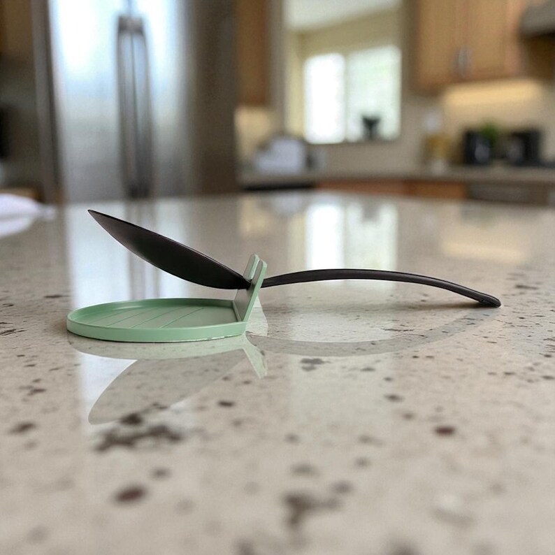 May include: A mint green spoon rest with a black spoon resting on it. The spoon rest has a curved base and a vertical support to hold the spoon. The spoon is black and has a long handle.