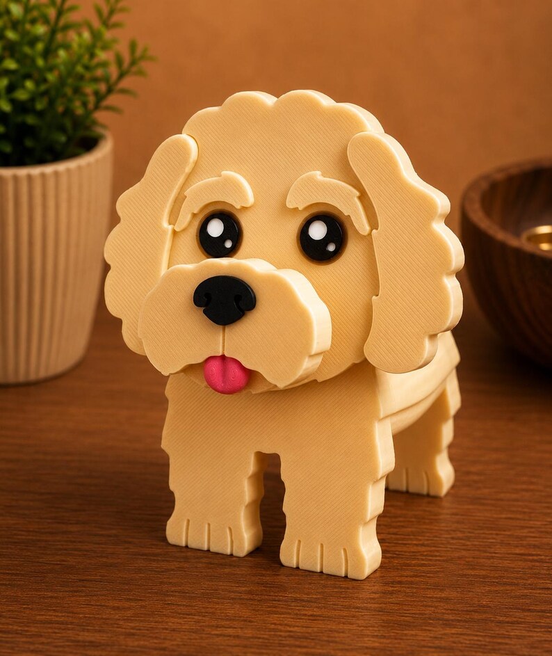 May include: A light tan, three-dimensional dog figurine with a black nose, large black eyes, and a pink tongue. The dog has a fluffy appearance and is standing on four blocky legs. The background is a warm brown.