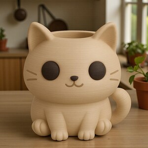 May include: A light beige cat-shaped planter with dark brown eyes and a small, upturned nose. The planter has a rounded body, a curled tail, and a textured wood-like appearance. The ears are pointed, and the planter is sitting on a wooden surface.
