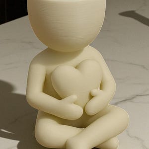 May include: A cream-colored figurine of a person seated with legs crossed, holding a heart-shaped object. The figure has a large, open-topped head, resembling a planter. The figurine is made of a smooth, matte material.