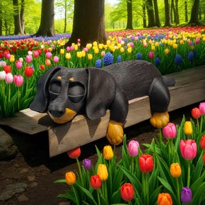 Pu&ograve; includere: Una statua di cane bassotto nero con dettagli gialli e beige &egrave; appoggiata su una panchina di legno. Il cane &egrave; circondato da tulipani colorati in un giardino. Il cane &egrave; sdraiato con gli occhi chiusi.