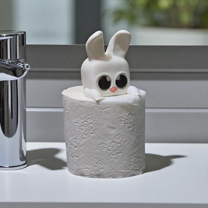May include: A white bunny toilet roll holder with large black eyes and a pink nose sits on a roll of white, patterned toilet paper. The bunny has large ears and is made of a smooth, solid material. The holder is on a white surface.