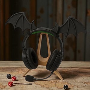May include: Black gaming headphones with a bat wing and horn design, resting on a wooden stand. The headphones have a built-in microphone. Three dice are on the table, two red and one black.