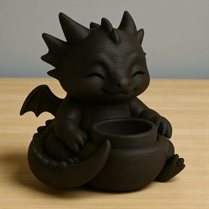 May include: A black, smiling dragon figurine with a small pot held in its arms. The dragon has spiky horns, wings, and a curled tail. The figurine is sitting on a light brown wooden surface.