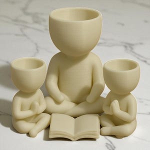 May include: Three cream-colored, seated human-shaped planters. The largest figure is in the center, with two smaller figures on either side. An open book is in front of the central figure. The planters have open tops for plants.