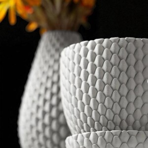 Pu&ograve; includere: Primo piano di due vasi in ceramica bianca strutturata. Il vaso rotondo pi&ugrave; grande ha un piattino abbinato. La superficie di entrambi i vasi &egrave; ricoperta da un motivo ripetitivo a forma di scaglia. Un vaso e dei fiori sfocati sono sullo sfondo.