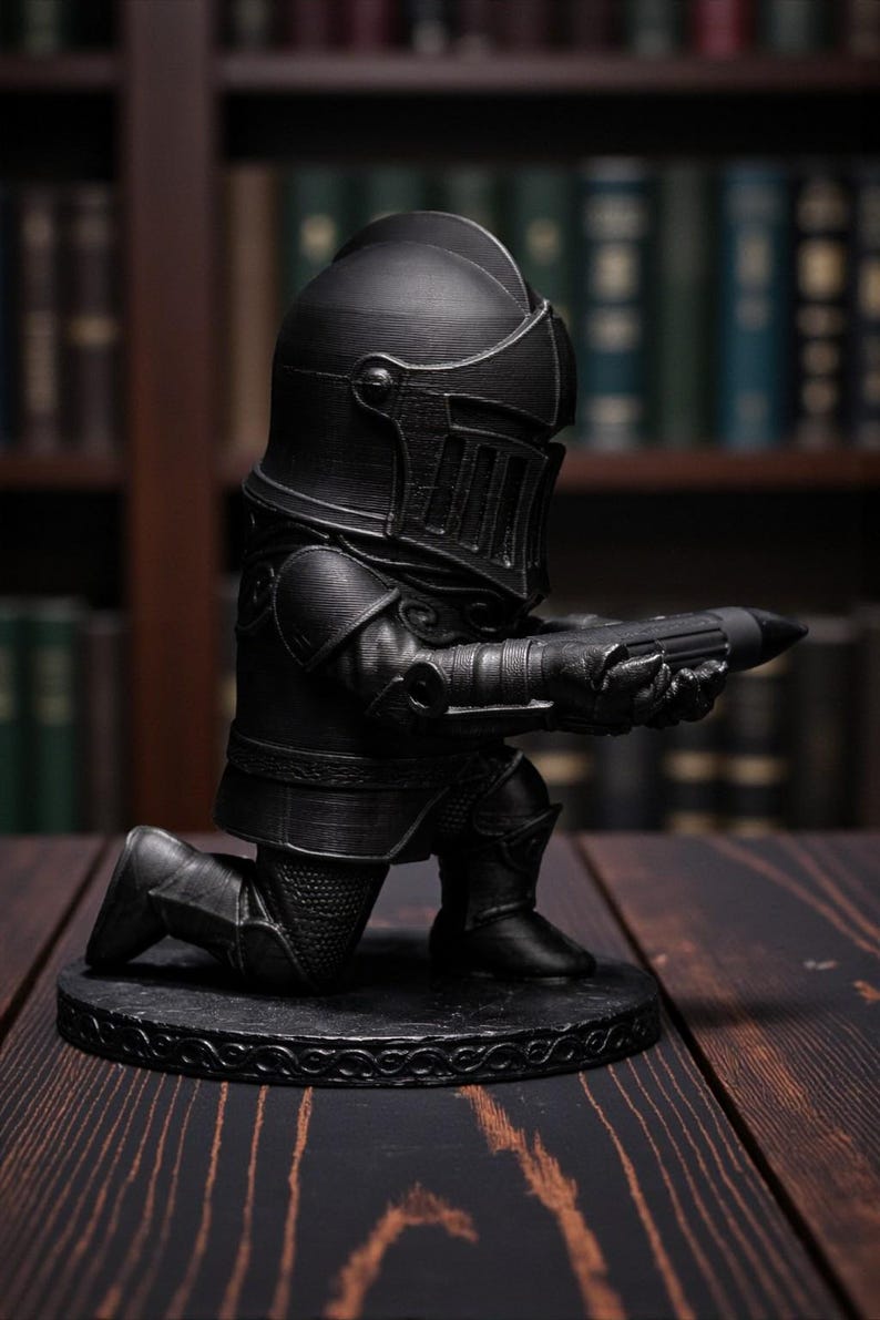 May include: A black figurine of a knight kneeling on a round base, holding a long, cylindrical object. The knight is wearing full armor, including a helmet with a visor. The base has a decorative pattern. The background is blurred, with bookshelves.