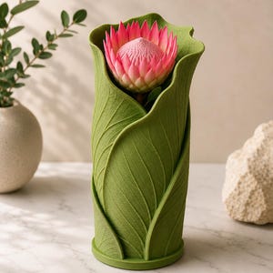 May include: A green vase shaped like a leaf, holding a pink protea flower. The vase has a textured surface and a round base. The flower is in full bloom, with a detailed, layered structure.