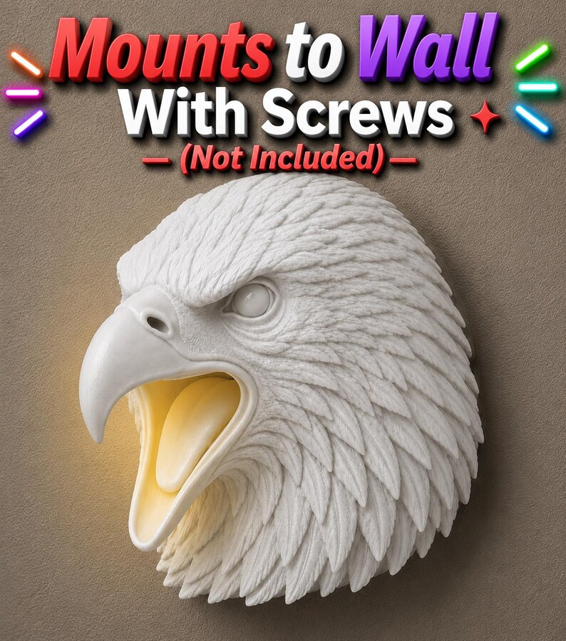 May include: A white eagle head wall mount with an open beak, revealing a warm yellow interior. The sculpture features detailed feather textures and the text "Mounts to Wall With Screws (Not Included)".