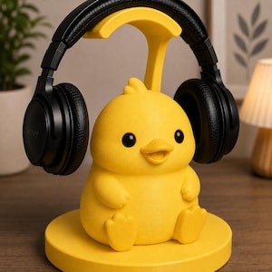 May include: A yellow duck-shaped headphone stand with black headphones resting on top. The stand is made of yellow plastic and has a round base. The headphones are black with the brand name "SONY" visible on the earcups. The stand is designed to hold headphones.