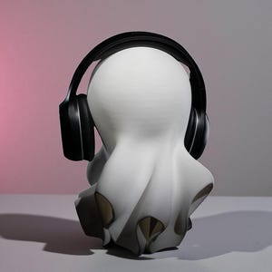 May include: A white sculpture of a ghost-like figure wearing black headphones. The figure has a rounded head and a flowing, draped body with dark accents. The background transitions from pink to gray.