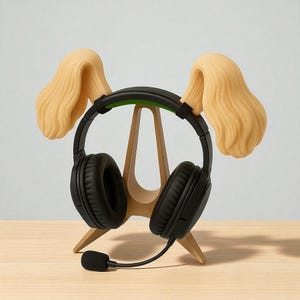 May include: Black headphones with a microphone rest on a wooden stand shaped like a dog. The stand has two light-colored, ear-shaped accents. The headphones are black with a green accent on the headband.