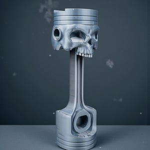 May include: A silver-colored piston with a skull-shaped head. The skull has detailed features, including eye sockets, a nose cavity, and teeth. The piston rod extends downward, connecting to a base with a circular opening.