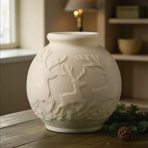 May include: Cream-colored ceramic vase with a round shape and a slightly flared rim. The vase features a raised relief design of deer in a forest setting. A pine cone and evergreen sprigs are on the wooden surface.