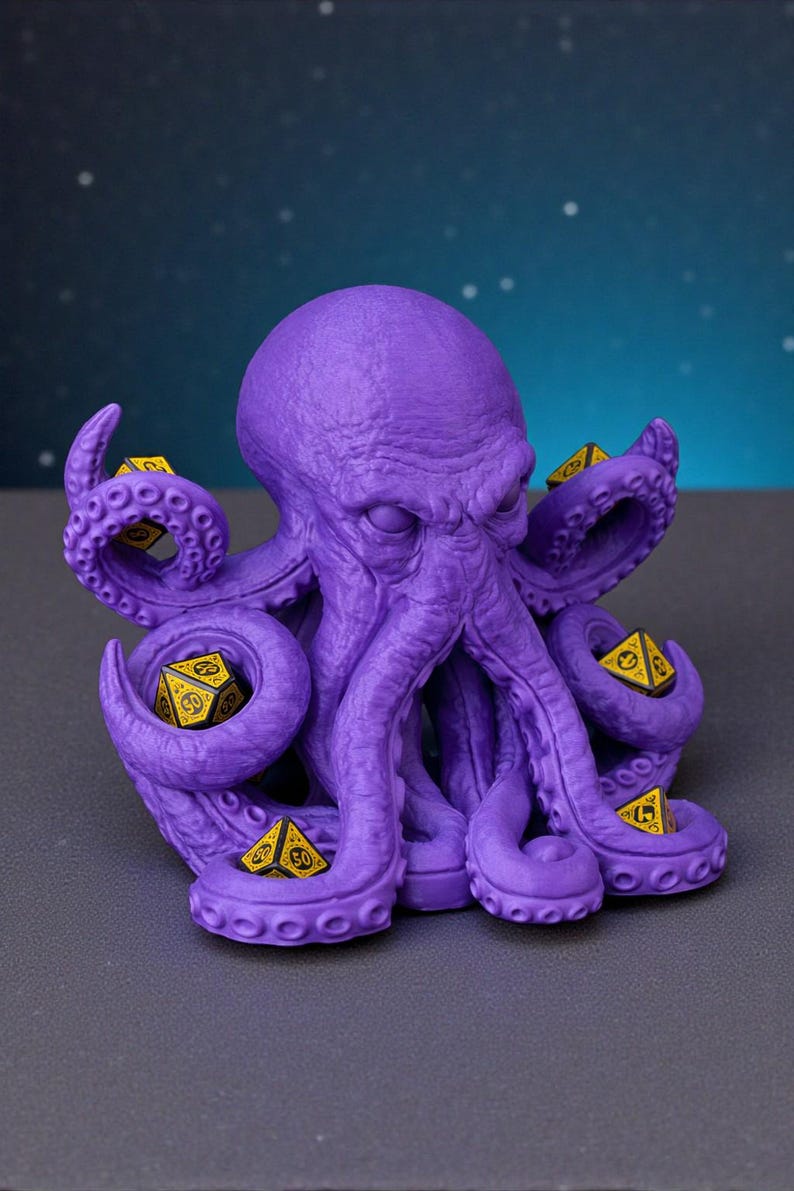 May include: A purple octopus-shaped dice holder with multiple tentacles, each holding a yellow and black die. The octopus has a textured surface and is set against a dark background. The dice are standard size.