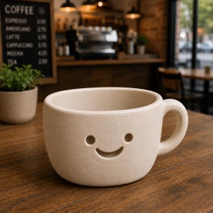 Peut inclure: Une tasse &agrave; caf&eacute; en c&eacute;ramique beige avec un motif de visage souriant. La tasse a une forme arrondie avec une anse, deux trous circulaires pour les yeux et une bouche incurv&eacute;e. La tasse est sur une table en bois.