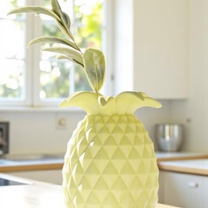May include: A light yellow pineapple-shaped vase with a textured surface, holding a leafy green plant. The vase is on a wooden surface, with a bright window in the background. The vase is a decorative item.