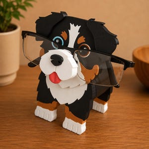 May include: A wooden eyeglasses holder shaped like a Bernese Mountain Dog. The dog is black, white, and brown with a red tongue, and is wearing a pair of black-framed glasses. The holder is on a wooden surface.