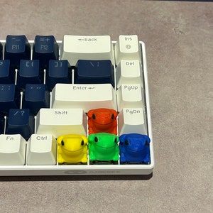 May include: A white keyboard with four frog-shaped keycaps. The keycaps are red, yellow, green, and blue. The keyboard has keys labelled 'Enter', 'Shift', 'Alt', 'Fn', 'Ctrl', 'PgUp', 'PgDn', 'Ins', 'Del', 'Back', 'F10', 'F11', 'F12', '0)', '=', '-', '[', ']', '/', '>', '?', ';', '"', ',', '.', 'L', 'O', 'P'.