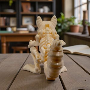May include: A cream-colored, 3D-printed sculpture of a dog skeleton, posed in a sitting position. The sculpture has detailed bone structure and is displayed on a wooden table. The background includes a bookshelf, a window, and a partially visible open book.