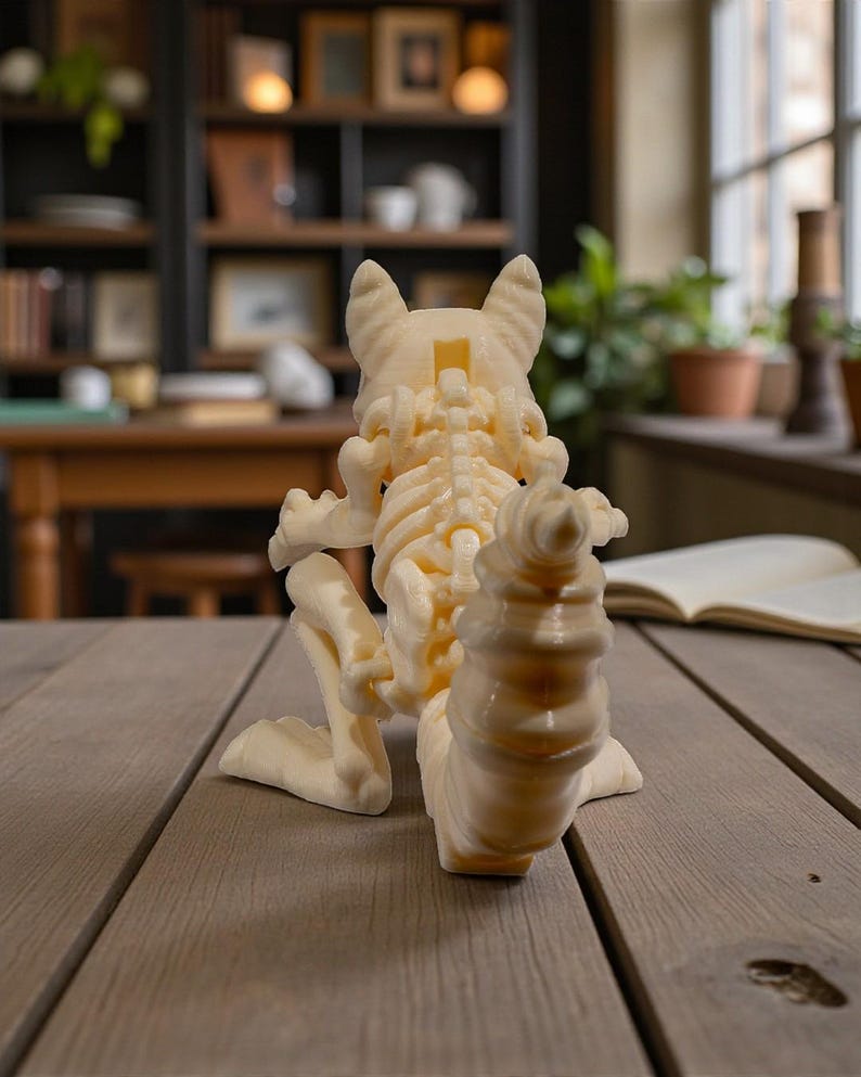 May include: A cream-colored, 3D-printed sculpture of a dog skeleton, posed in a sitting position. The sculpture has detailed bone structure and is displayed on a wooden table. The background includes a bookshelf, a window, and a partially visible open book.