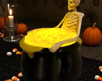 Portavelas de té con esqueleto de spa / Decoración de vela con caldero de bruja / Luz espeluznante de Halloween