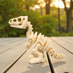 May include: A cream-colored dinosaur skeleton toy, featuring a detailed skull, spine, and limbs. The toy is posed on a wooden surface, with a blurred green background. The dinosaur is a model of a raptor.