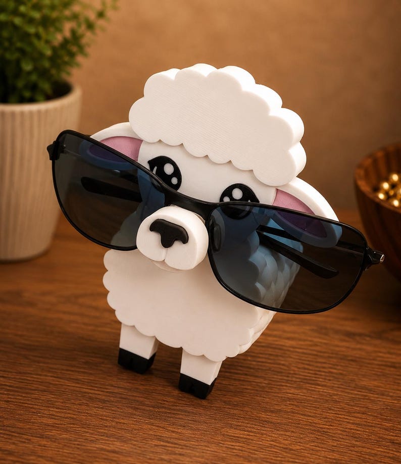 May include: A white sheep-shaped sunglasses holder with black sunglasses. The holder has a fluffy cloud-like top and black feet. The sheep's face is white with black eyes and a black nose. The sunglasses have a black frame and dark blue lenses.