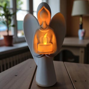 May include: A white angel figurine holding a glowing candle. The angel has outstretched wings and a serene expression. The candle emits a warm, yellow light, creating a soft glow. The figurine is placed on a wooden table.