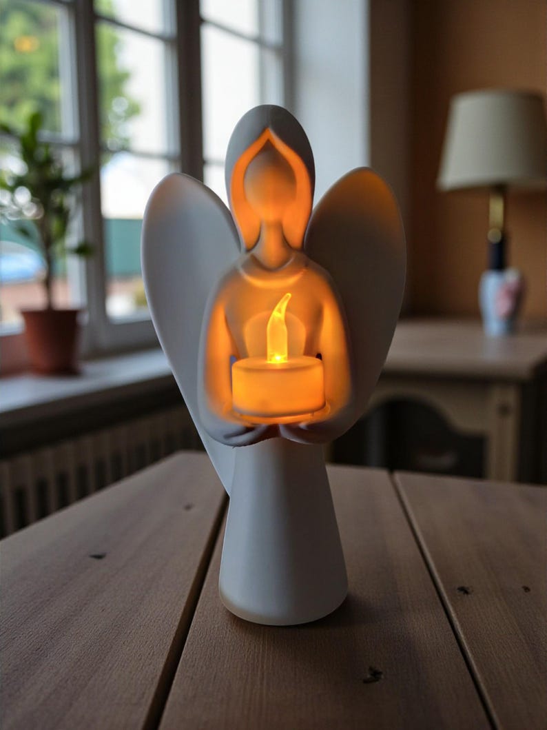 May include: A white angel figurine holding a glowing candle. The angel has outstretched wings and a serene expression. The candle emits a warm, yellow light, creating a soft glow. The figurine is placed on a wooden table.