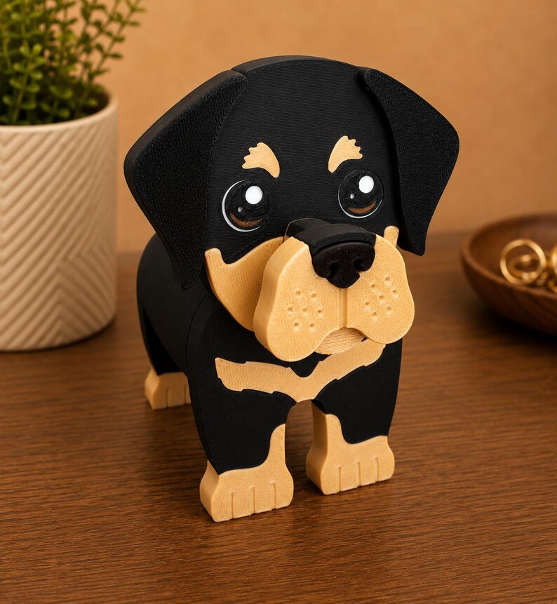 May include: A wooden Rottweiler dog figurine with black and tan coloring. The dog has large, expressive eyes and a detailed design. The figurine is standing on a wooden surface, showcasing its three-dimensional form. A decorative item for dog lovers.