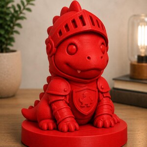 May include: A red figurine of a dragon wearing knight armor and a helmet. The dragon is sitting on a round base. The armor includes shoulder pads and a chest plate with a crest. The figurine is made of a solid material.