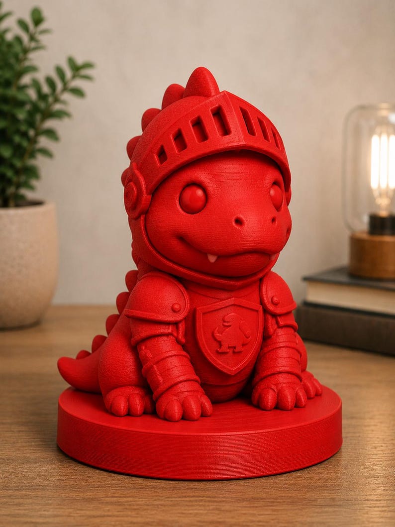 May include: A red figurine of a dragon wearing knight armor and a helmet. The dragon is sitting on a round base. The armor includes shoulder pads and a chest plate with a crest. The figurine is made of a solid material.