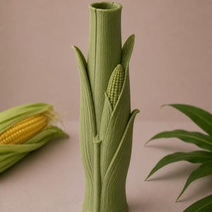 Pu&ograve; includere: Un vaso verde a forma di mais con superficie strutturata. Il vaso ha una forma cilindrica con foglie e un piccolo design a pannocchia. &Egrave; un oggetto decorativo unico.