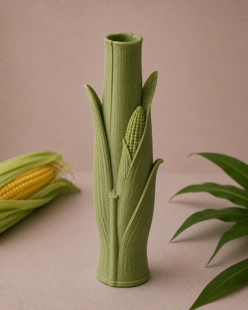 Pu&ograve; includere: Un vaso verde a forma di mais con superficie strutturata. Il vaso ha una forma cilindrica con foglie e un piccolo design a pannocchia. &Egrave; un oggetto decorativo unico.