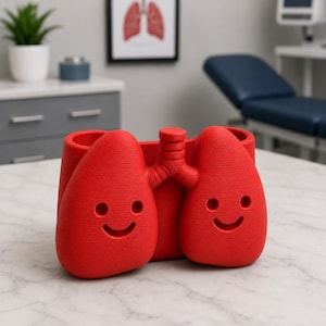 May include: A red, lung-shaped planter with a smiling face on each lobe. The planter has a cylindrical opening for plants and a central stem connecting the lobes. The design is whimsical and medical-themed.