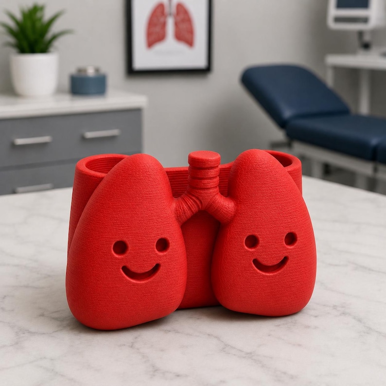 May include: A red, lung-shaped planter with a smiling face on each lobe. The planter has a cylindrical opening for plants and a central stem connecting the lobes. The design is whimsical and medical-themed.