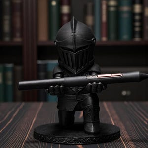 May include: A black knight figurine holding a black stylus with a red accent. The knight is kneeling on a round base with an ornate design. The background features a bookshelf with various books.