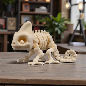 Op de afbeelding: Een cr&egrave;mekleurig, 3D-geprint kameleon skeletbeeldje. Het beweegbare model heeft een gedetailleerde ribbenkast, wervelkolom en ledematen, met een gekrulde staart. Het beeldje wordt op een houten oppervlak gepresenteerd.