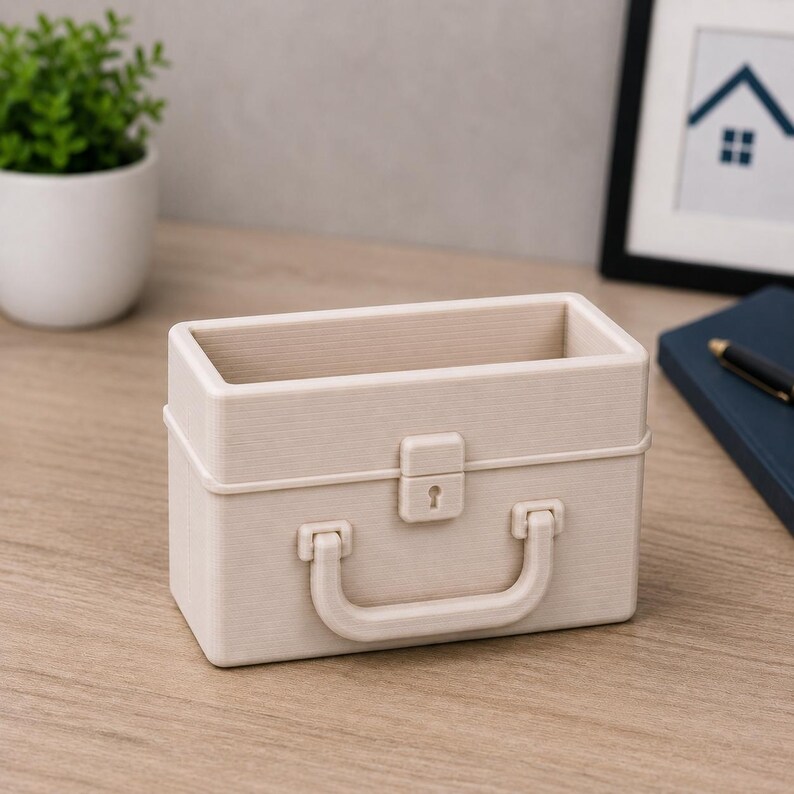 May include: A beige rectangular desk tidy, styled like a small suitcase. It has a handle, a keyhole, and a textured finish. The organiser is designed to hold pens, pencils, or other small office supplies. The overall design is simple and functional.